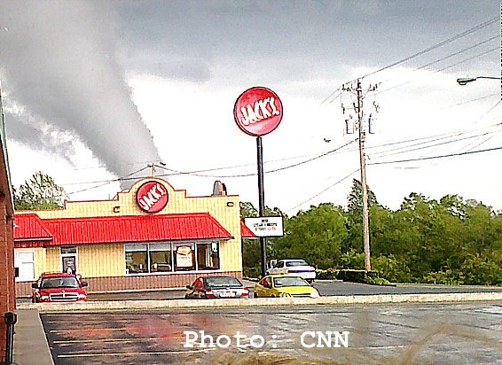 This photo from CNN shows the tornado striking Cullman, Alabama